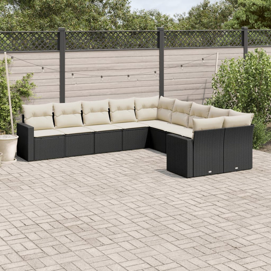 Set Canapele De Grădină Cu Perne, 10 Piese, Negru, Poliratan