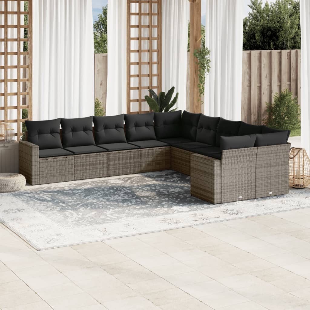 Set Canapele De Grădină Cu Perne, 10 Piese, Negru, Poliratan