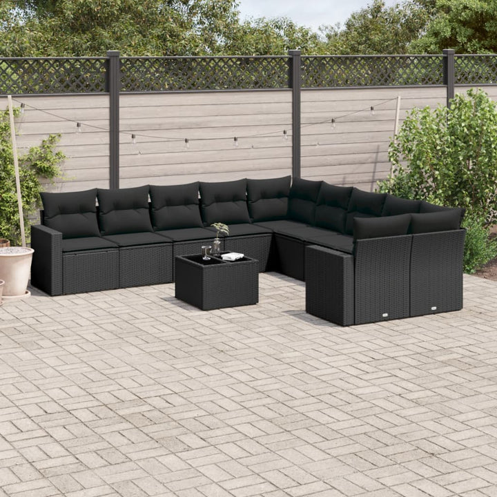 Set Canapele De Grădină Cu Perne, 10 Piese, Negru, Poliratan