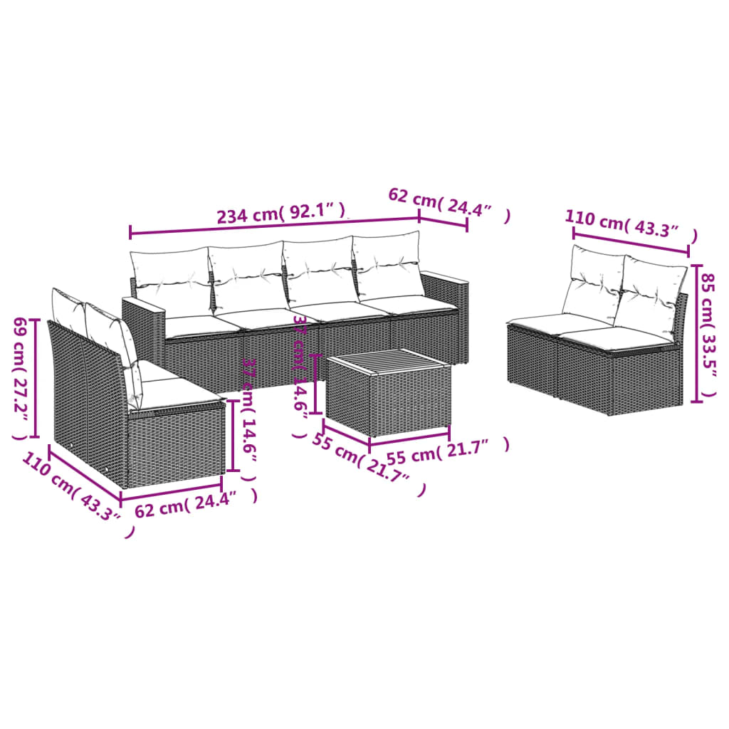 Set Mobilier De Grădină Cu Perne, 9 Piese, , Poliratan