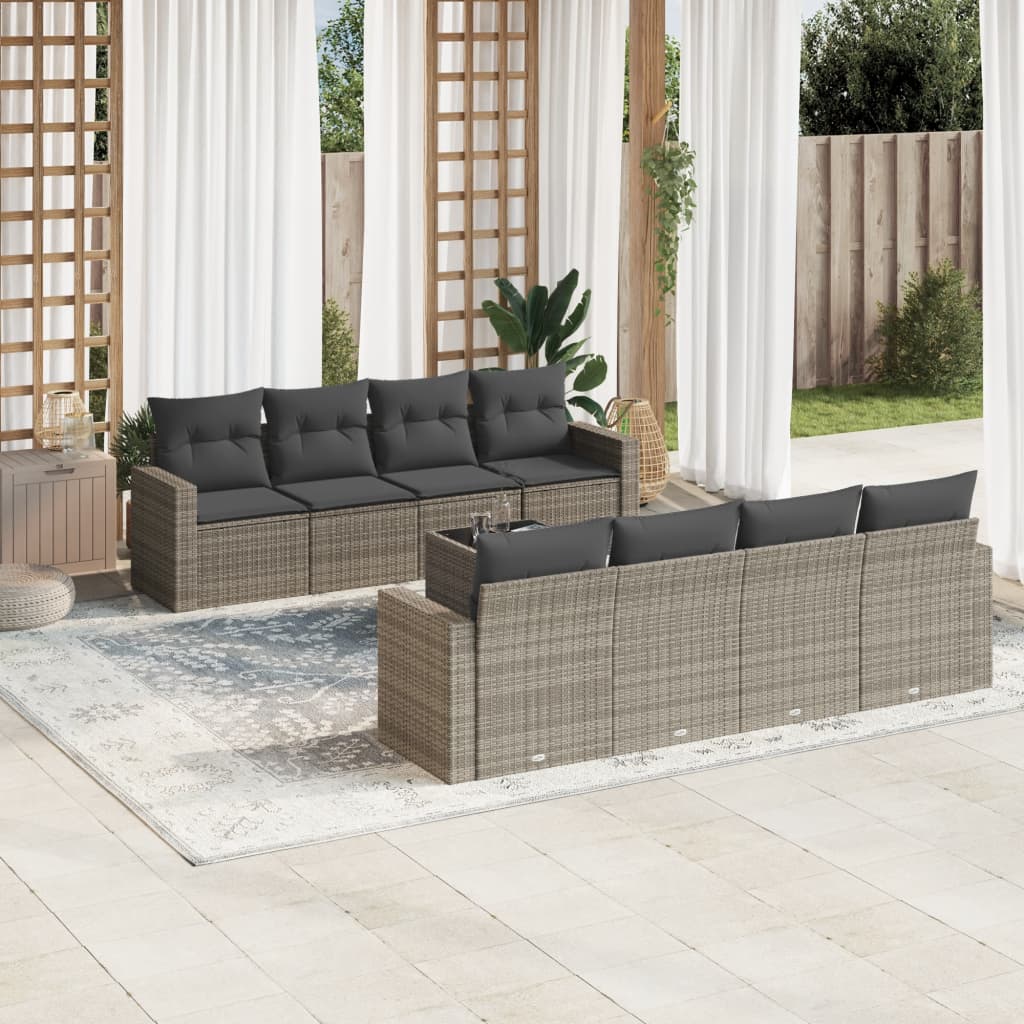 Set Canapele De Grădină Cu Perne, 9 Piese, Maro, Poliratan