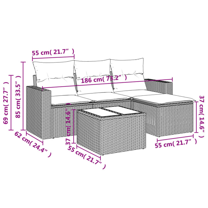 Set Canapele De Grădină Cu Perne, 5 Piese, Maro, Poliratan