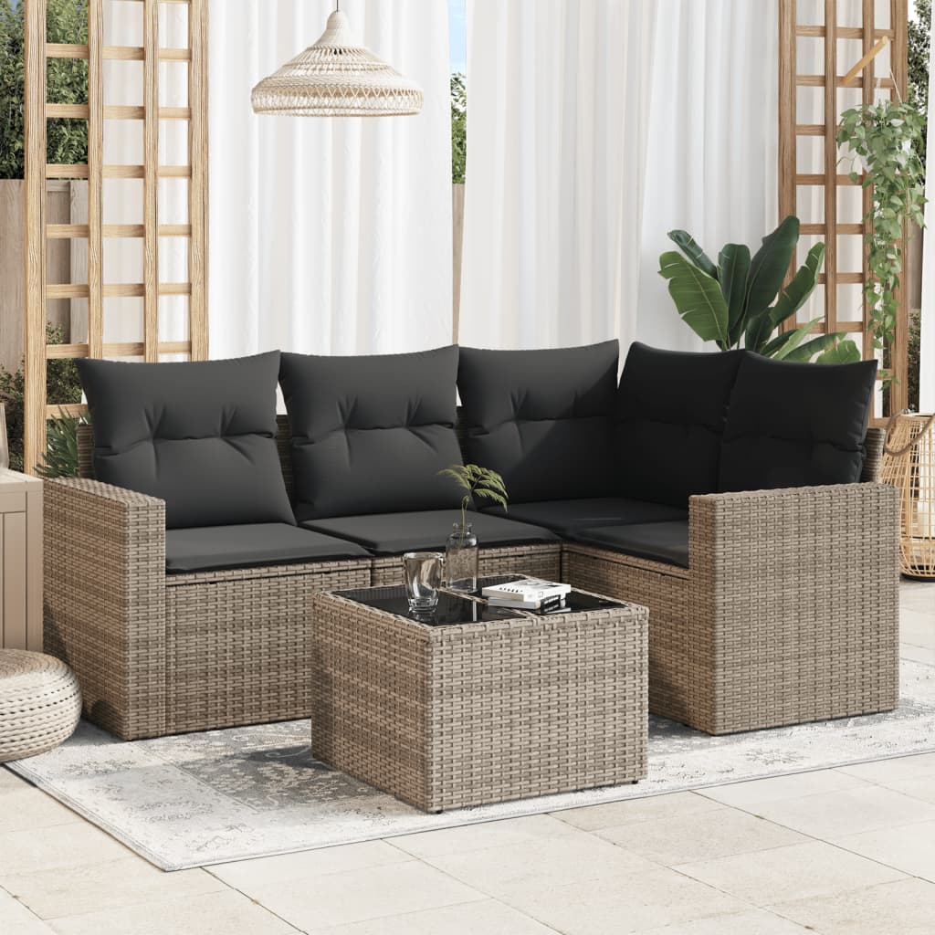 Set Canapele De Grădină Cu Perne, 5 Piese, Maro, Poliratan