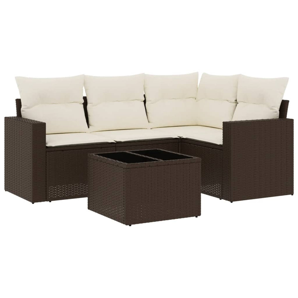 Set Canapele De Grădină Cu Perne, 5 Piese, Maro, Poliratan