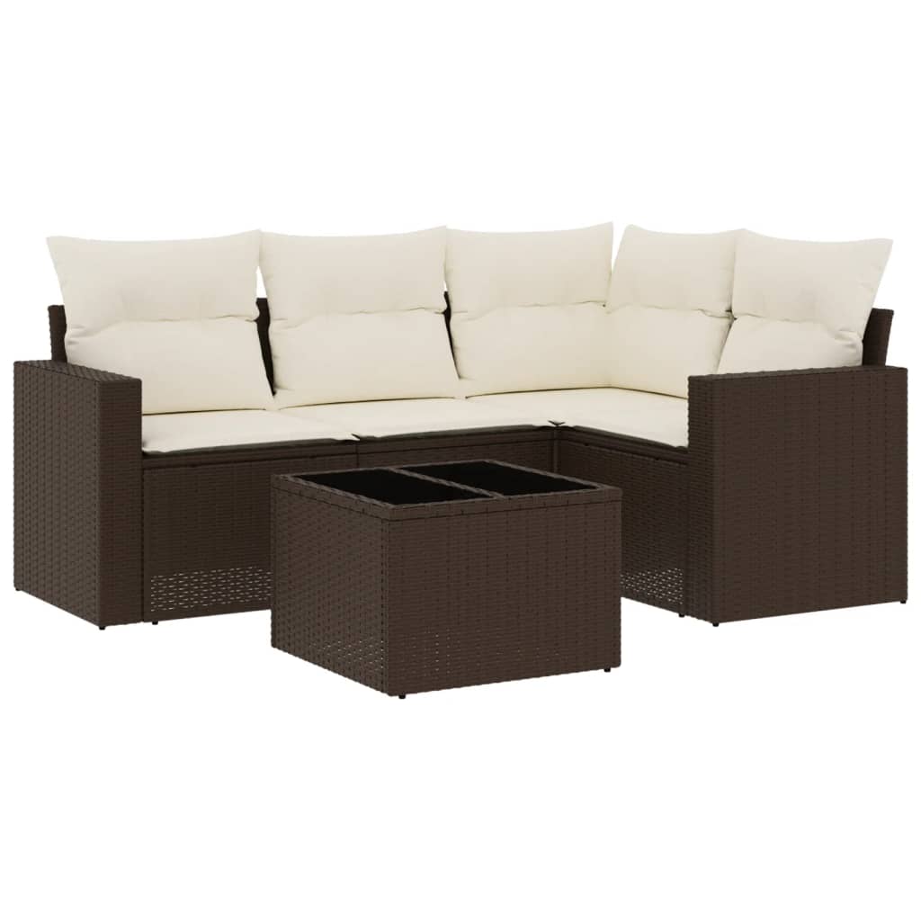 Set Canapele De Grădină Cu Perne, 5 Piese, Maro, Poliratan