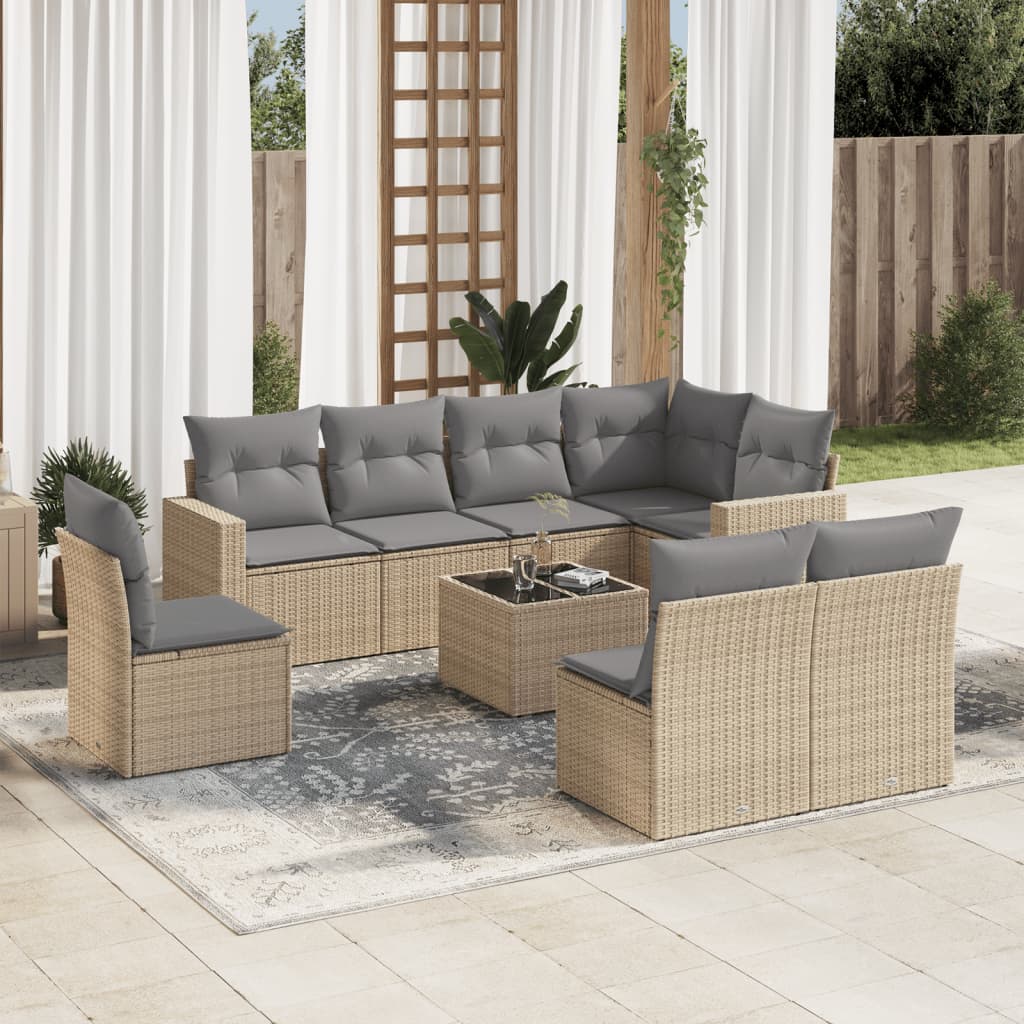 Set Canapele De Grădină Cu Perne, 9 Piese, Maro, Poliratan