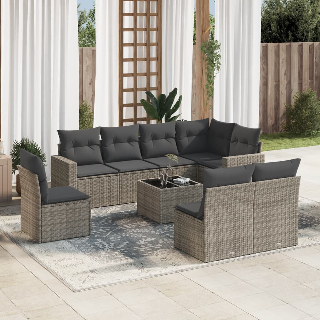 Set Canapele De Grădină Cu Perne, 9 Piese, Maro, Poliratan