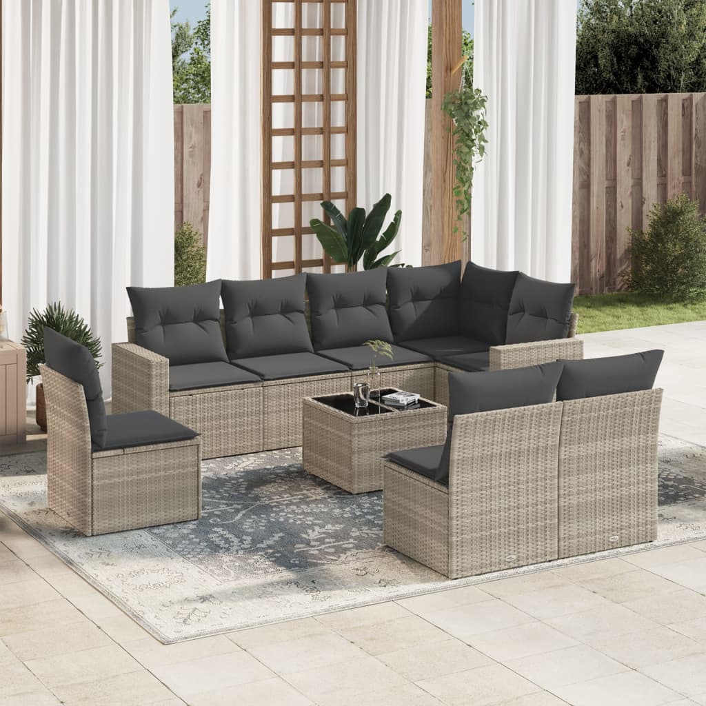 Set Canapele De Grădină Cu Perne, 9 Piese, Maro, Poliratan