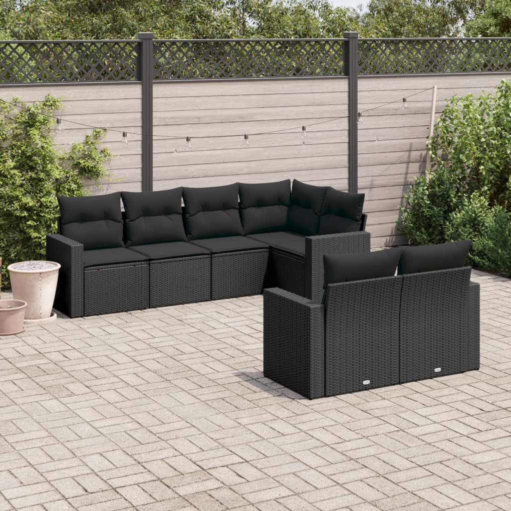 Set Canapele De Grădină Cu Perne, 7 Piese, Negru, Poliratan