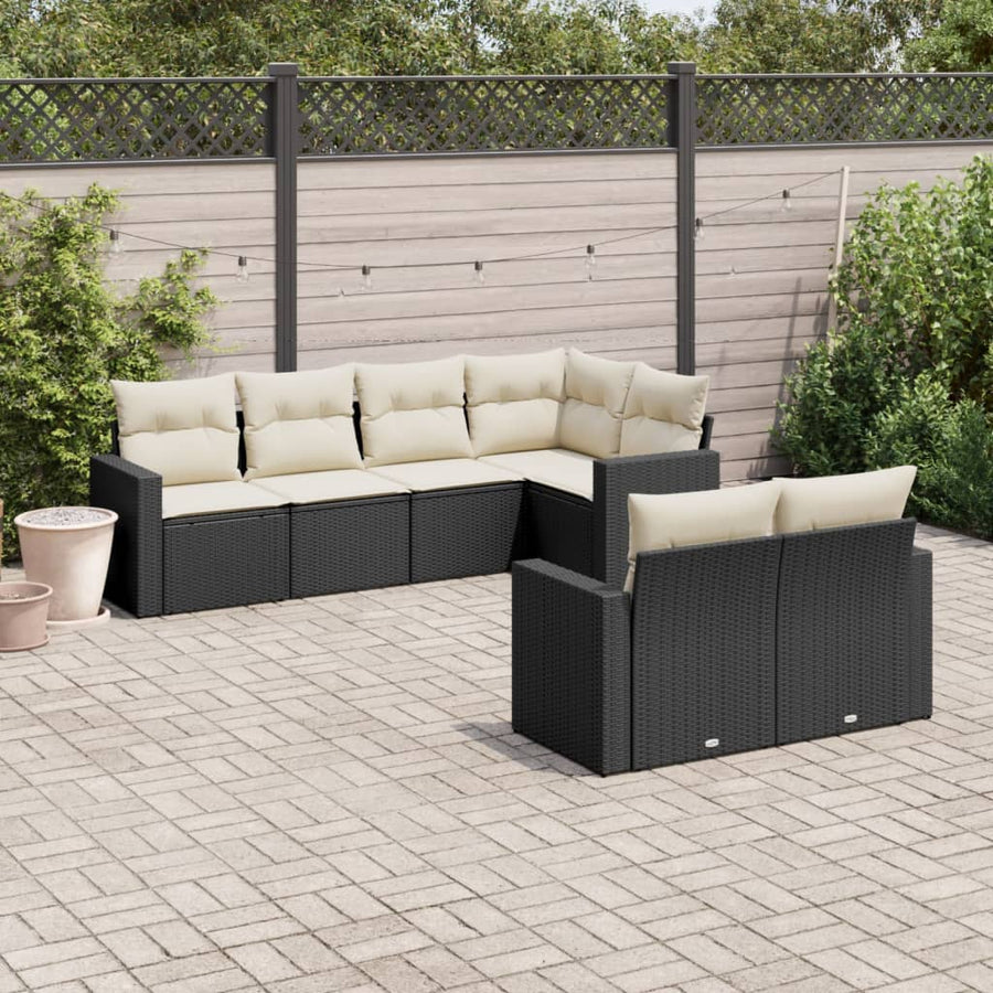 Set Canapele De Grădină Cu Perne, 7 Piese, Negru, Poliratan