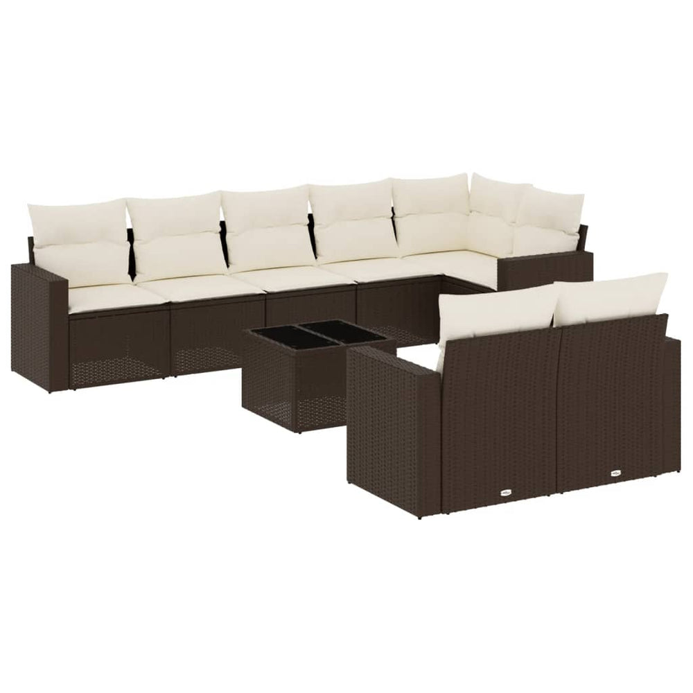 Set Canapele De Grădină Cu Perne, 9 Piese, Maro, Poliratan