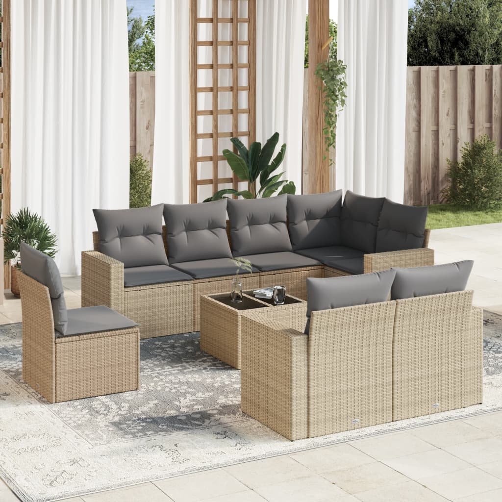Set Canapele De Grădină Cu Perne, 9 Piese, Maro, Poliratan