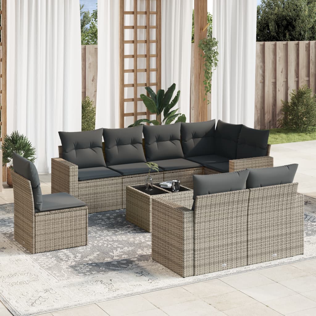 Set Canapele De Grădină Cu Perne, 9 Piese, Maro, Poliratan