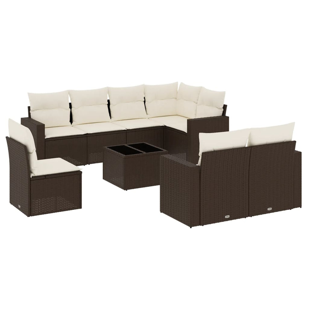 Set Canapele De Grădină Cu Perne, 9 Piese, Maro, Poliratan
