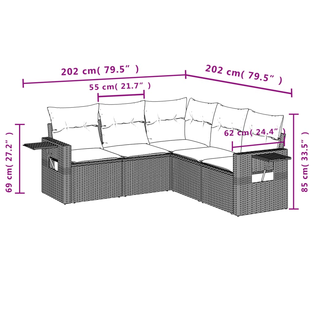 Set Canapea De Grădină Cu Perne, 5 Piese, , Poliratan
