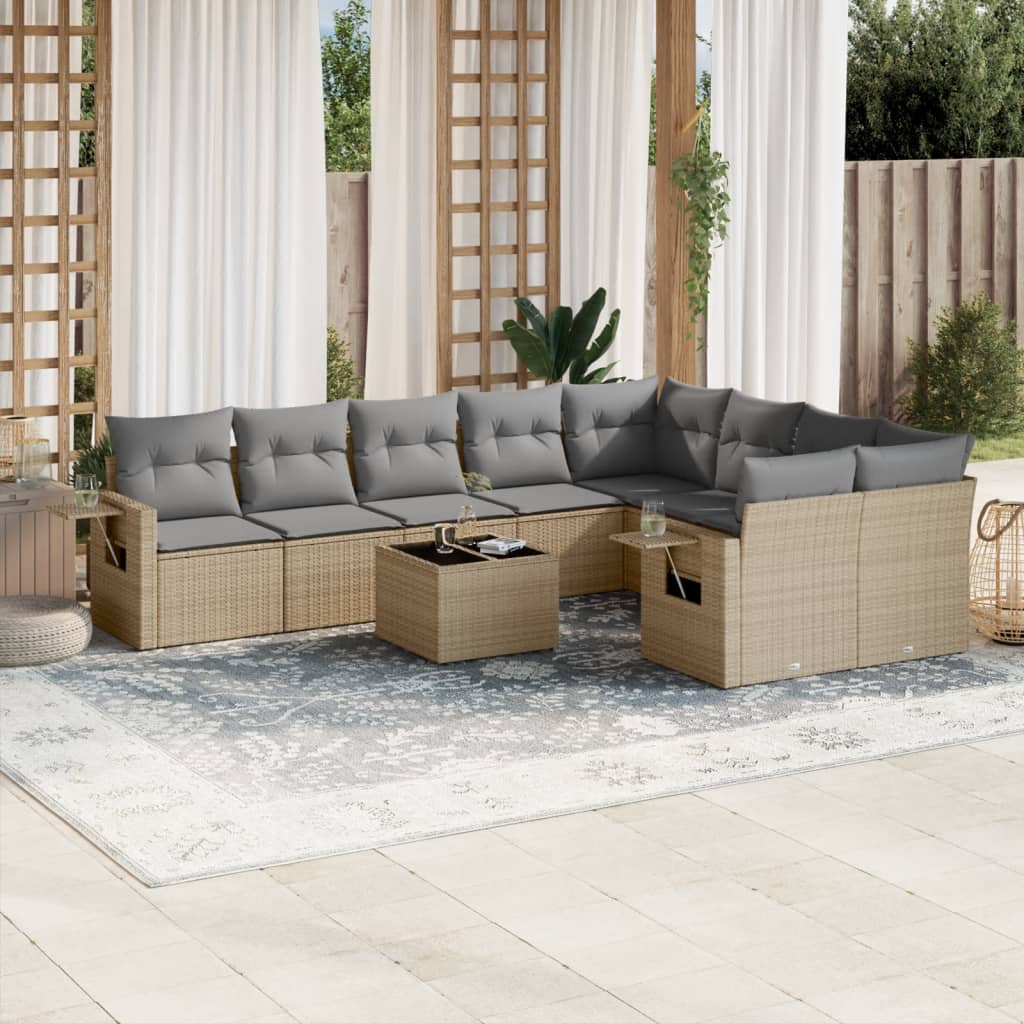Set Canapele De Grădină, 9 Piese, Cu Perne, Bej, Poliratan