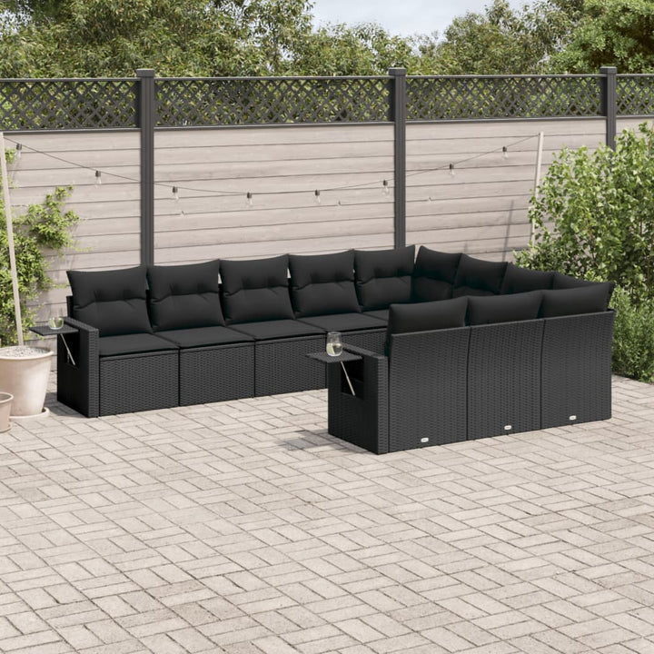 Set Canapele De Grădină Cu Perne, 10 Piese, Negru, Poliratan