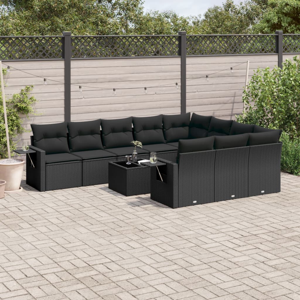 Set Canapele De Grădină Cu Perne, 10 Piese, Negru, Poliratan