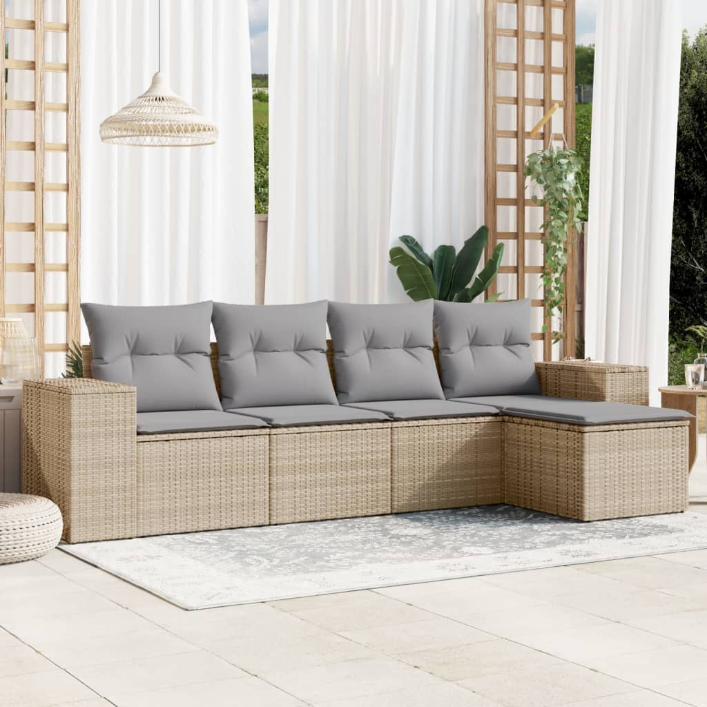 Set Canapele De Grădină Cu Perne, 5 Piese, Bej, Poliratan