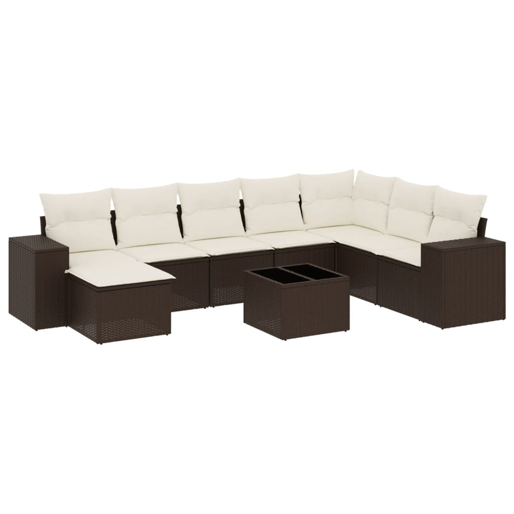 Set Canapele De Grădină Cu Perne, 9 Piese, Maro, Poliratan