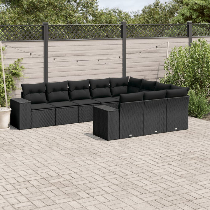 Set Canapele De Grădină Cu Perne, 10 Piese, Negru, Poliratan