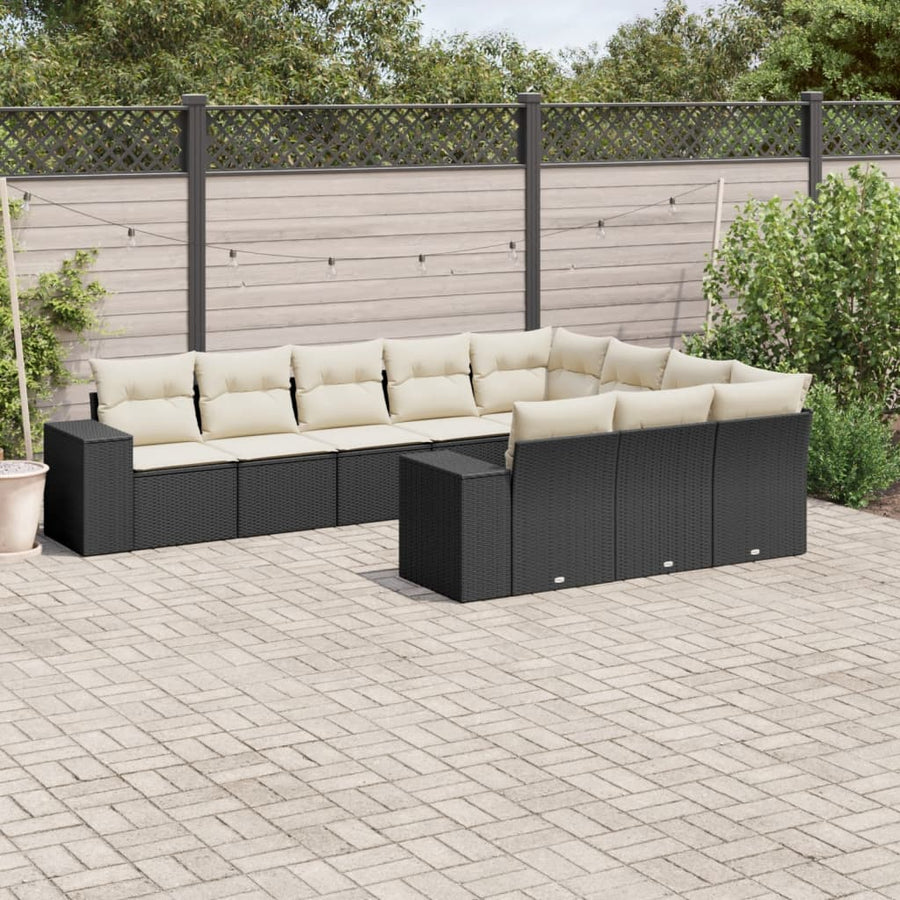 Set Canapele De Grădină Cu Perne, 10 Piese, Negru, Poliratan