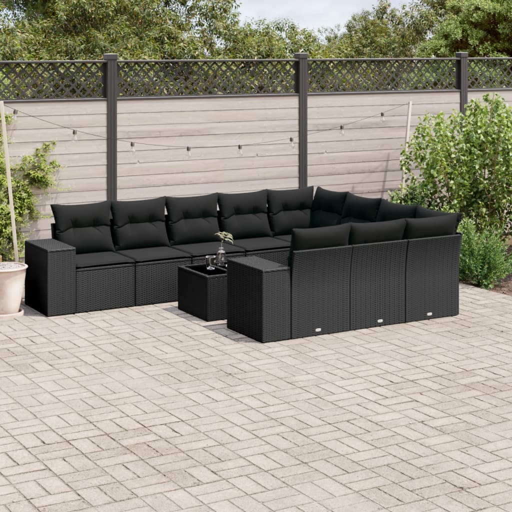 Set Canapele De Grădină Cu Perne, 10 Piese, Negru, Poliratan