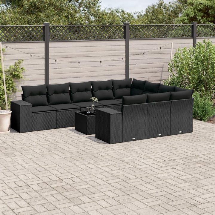 Set Canapele De Grădină Cu Perne, 10 Piese, Negru, Poliratan