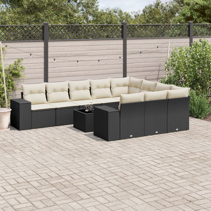 Set Canapele De Grădină Cu Perne, 10 Piese, Negru, Poliratan