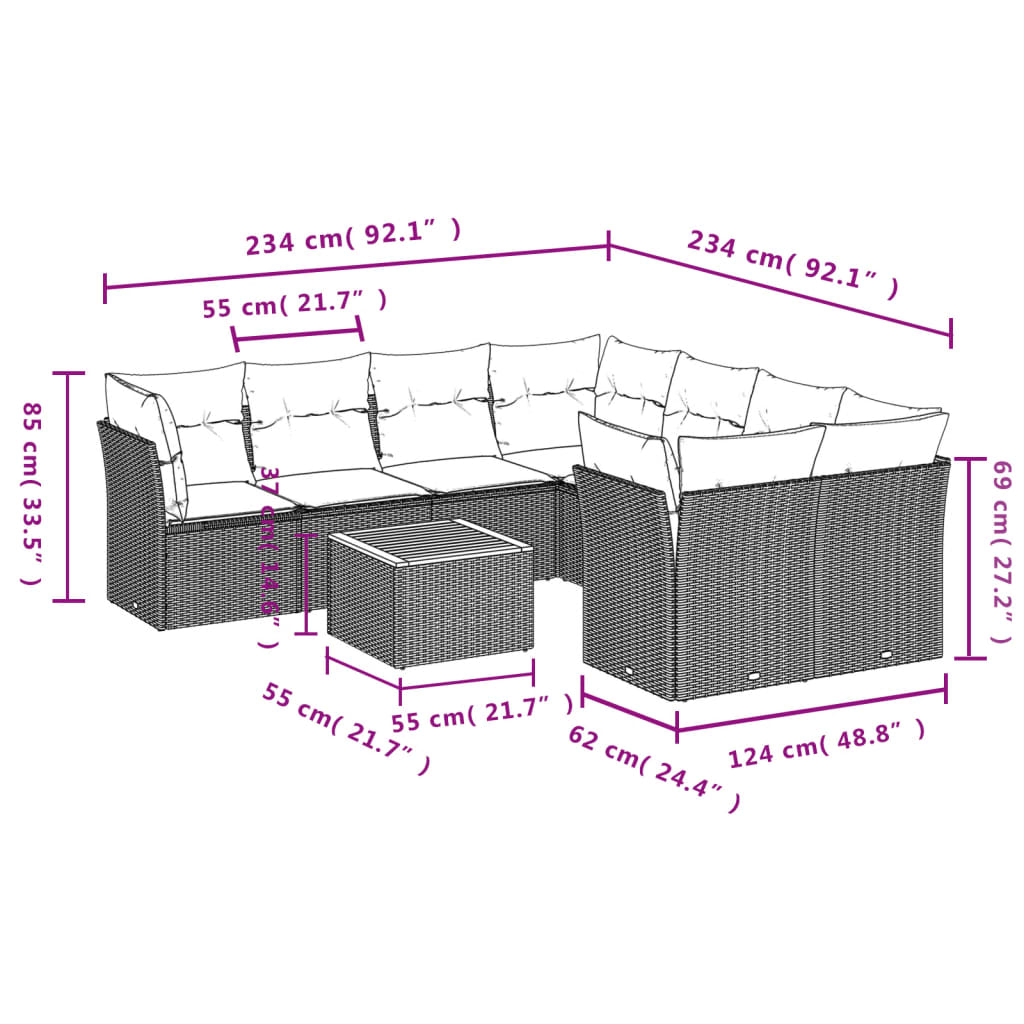 Set Mobilier De Grădină Cu Perne, 9 Piese, Negru, Poliratan