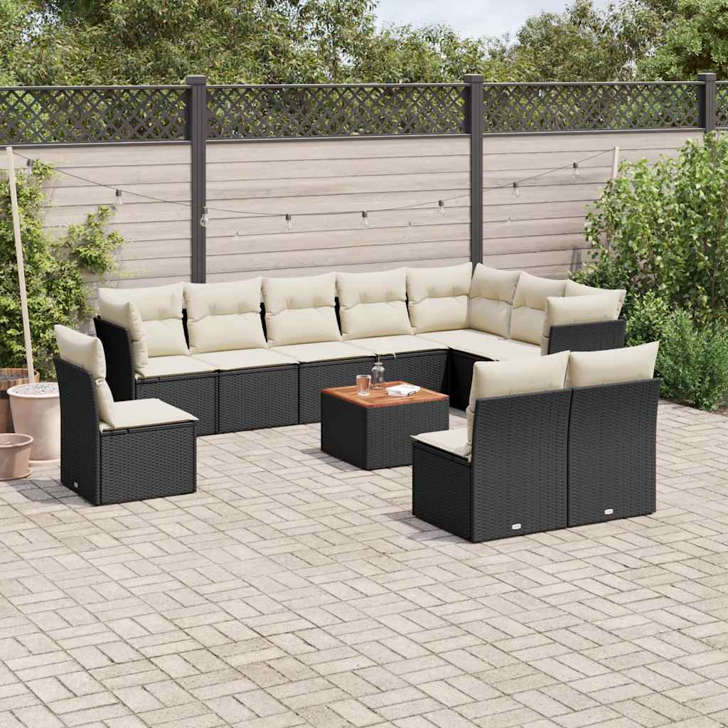 Set Canapele De Grădină Cu Perne, 11 Piese, Negru, Poliratan