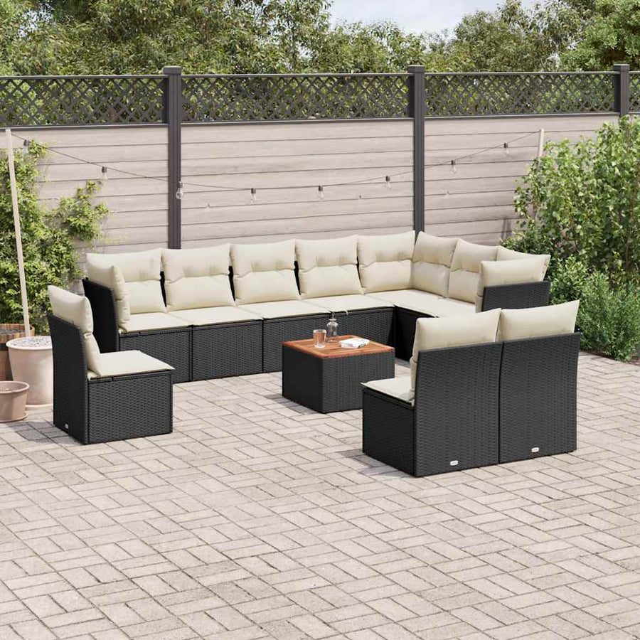Set Canapele De Grădină Cu Perne, 11 Piese, Negru, Poliratan