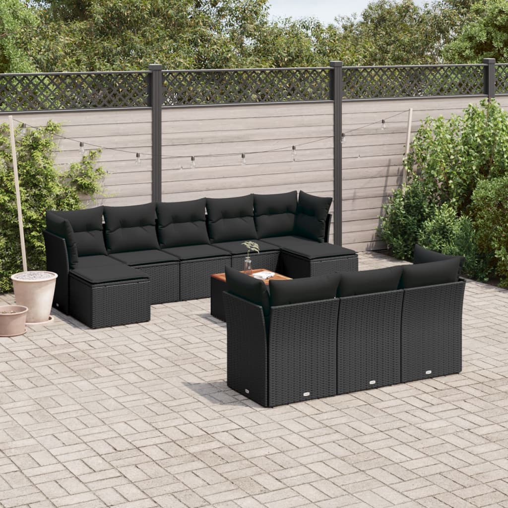 Set Canapele De Grădină Cu Perne, 11 Piese, Negru, Poliratan