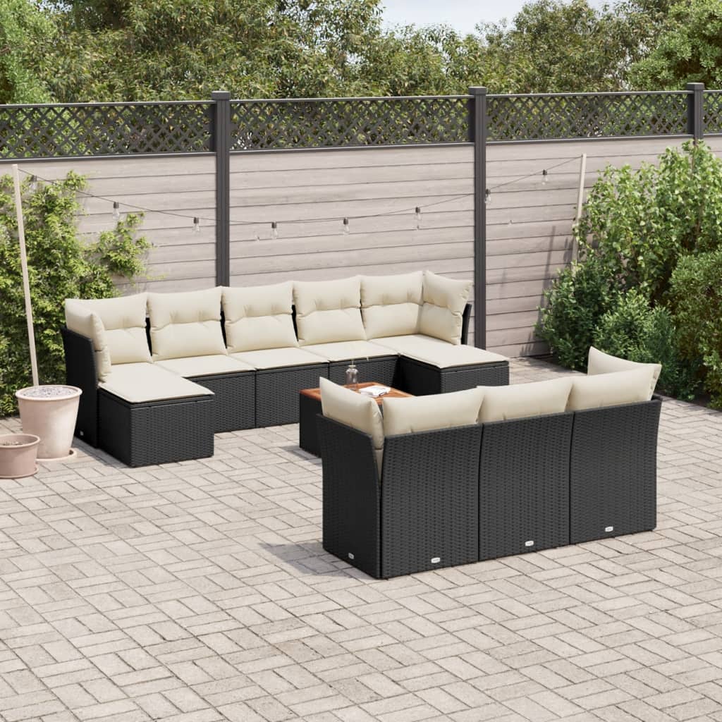 Set Canapele De Grădină Cu Perne, 11 Piese, Negru, Poliratan