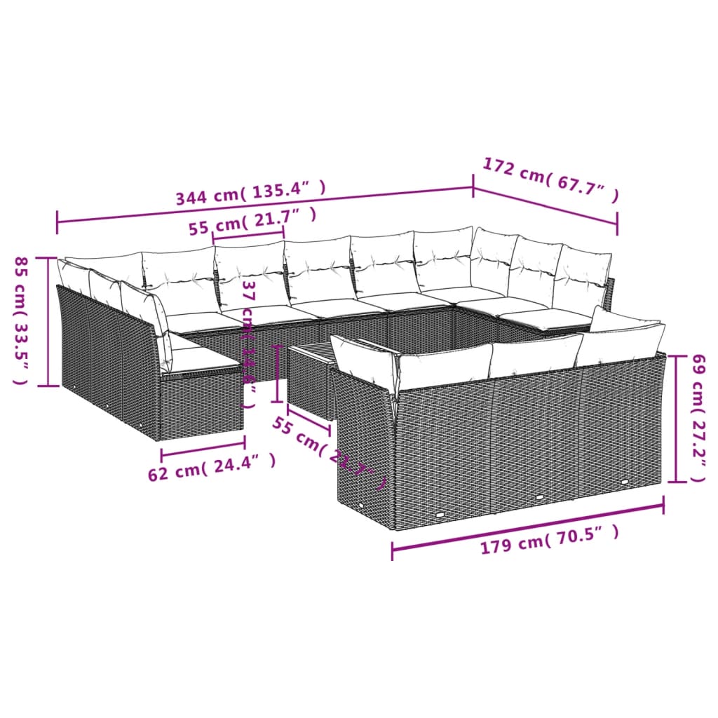 Set Mobilier De Grădină Cu Perne, 14 Piese, Negru, Poliratan
