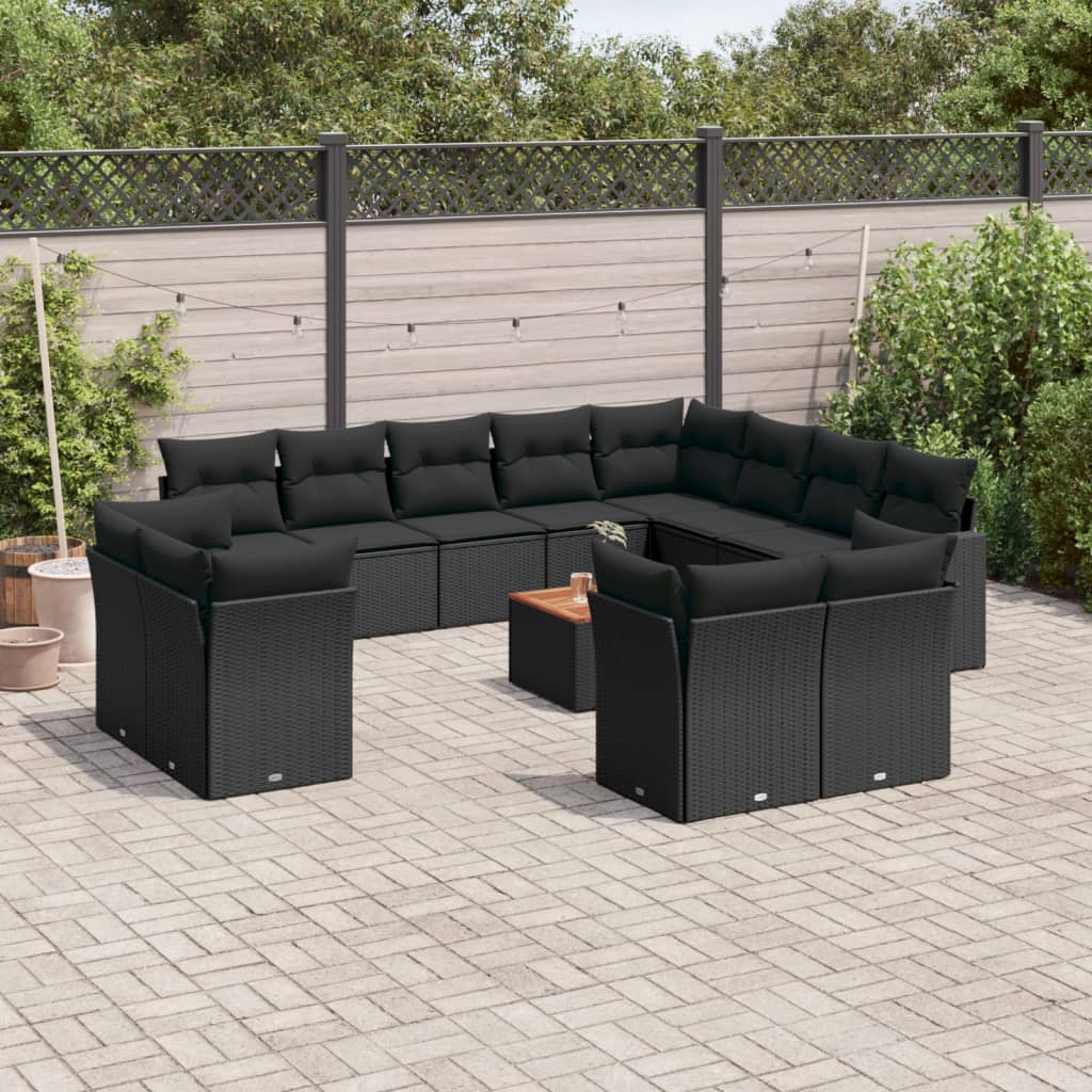 Set Mobilier De Grădină Cu Perne, 13 Piese, Negru, Poliratan