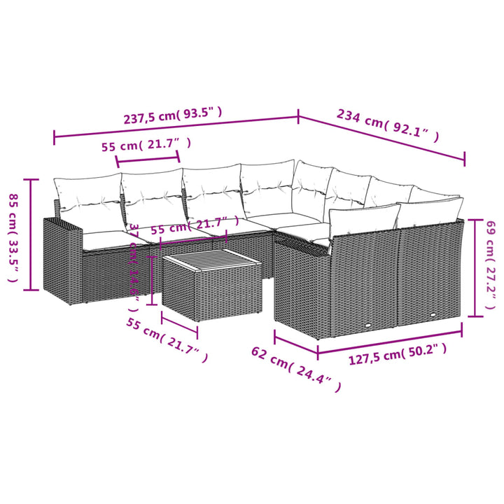 Set Mobilier De Grădină Cu Perne, 9 Piese, Negru, Poliratan