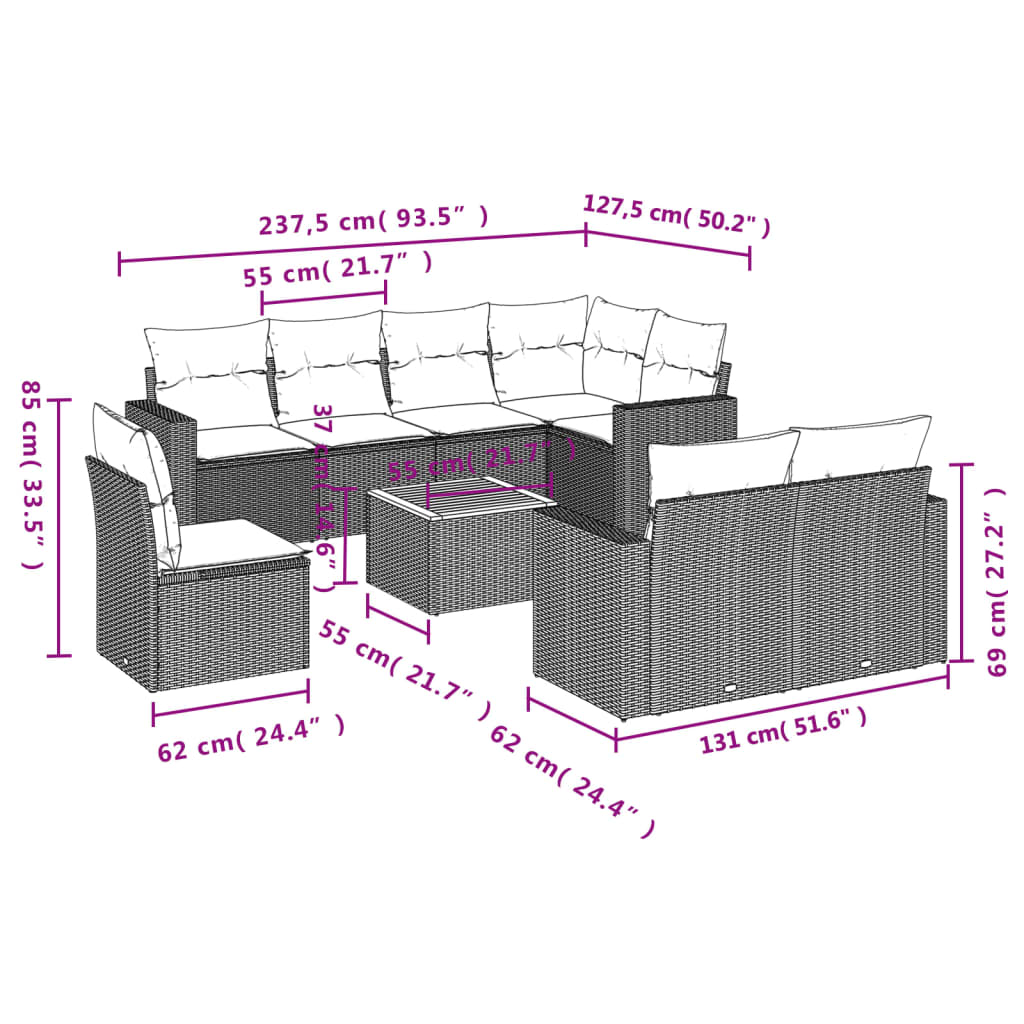 Set Mobilier De Grădină Cu Perne, 9 Piese, , Poliratan