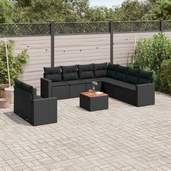 Set Canapele De Grădină Cu Perne, 10 Piese, Negru, Poliratan