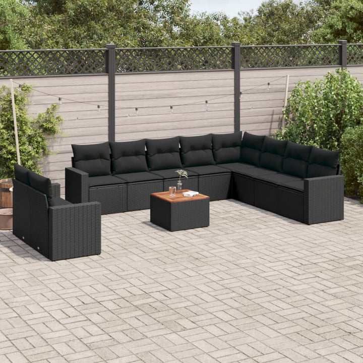 Set Canapele De Grădină Cu Perne, 11 Piese, Negru, Poliratan