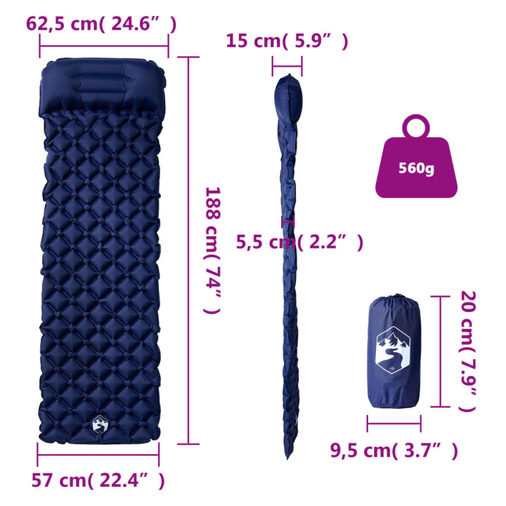 Saltea De Camping Gonflabilă Cu Pernă, 1 Persoană, Bleumarin