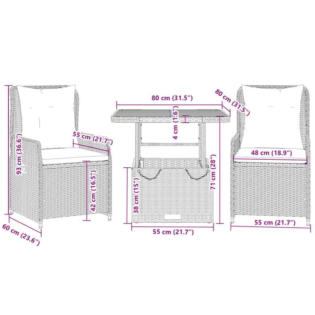 Set Bistro De Grădină Cu Perne, 3 Piese, , Poliratan