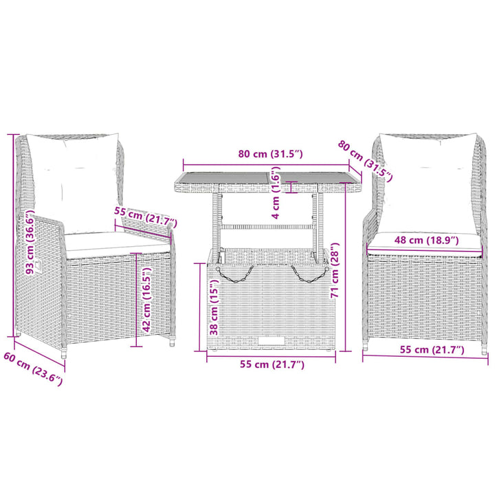 Set Bistro De Grădină Cu Perne, 3 Piese, , Poliratan