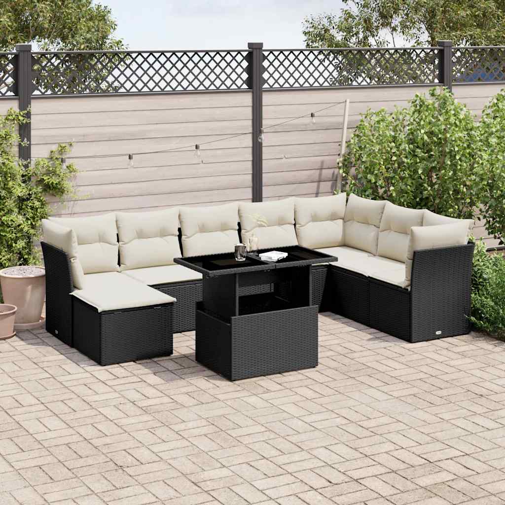 Set Mobilier De Grădină Cu Perne, 9 Piese, Negru, Poliratan