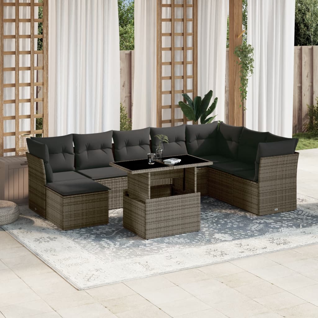 Set Mobilier De Grădină Cu Perne, 9 Piese, Negru, Poliratan