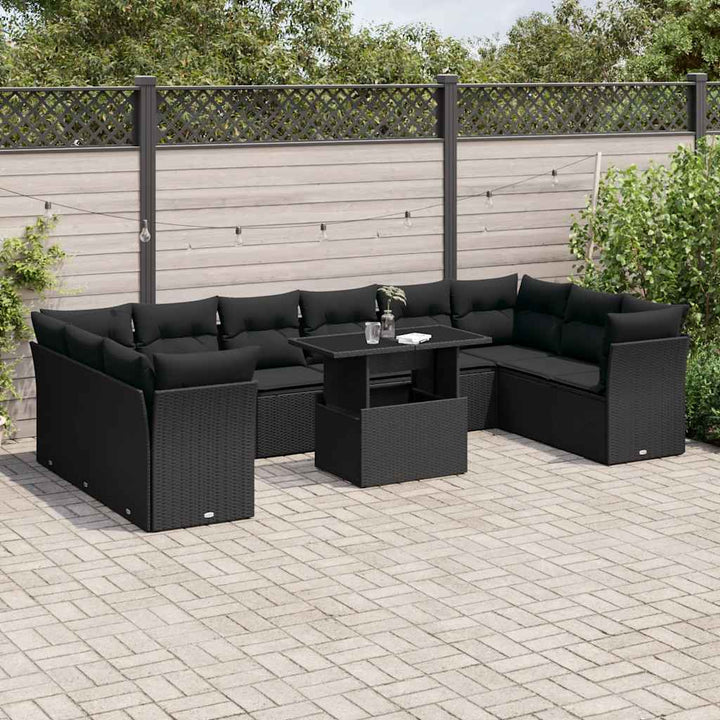 Set Canapele De Grădină Cu Perne, 11 Piese, Negru, Poliratan