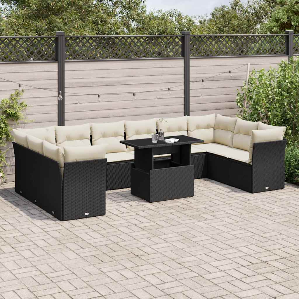 Set Canapele De Grădină Cu Perne, 11 Piese, Negru, Poliratan