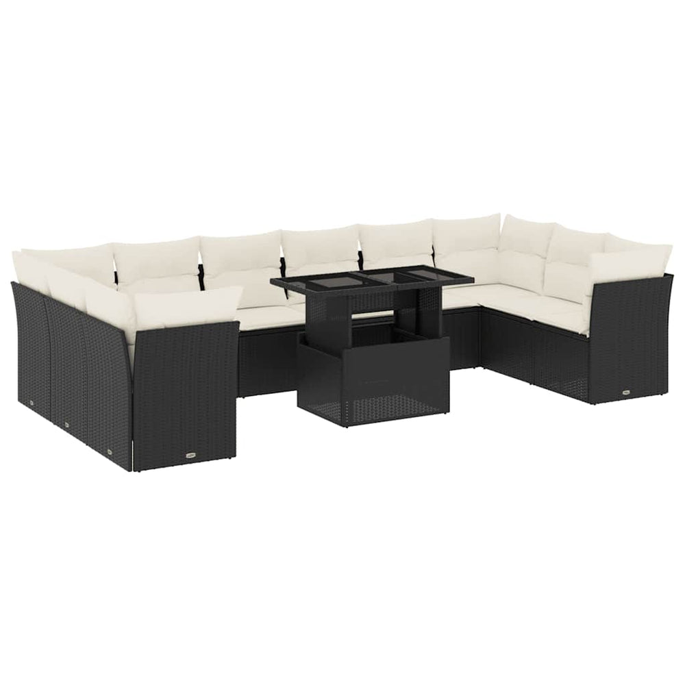 Set Canapele De Grădină Cu Perne, 11 Piese, Negru, Poliratan