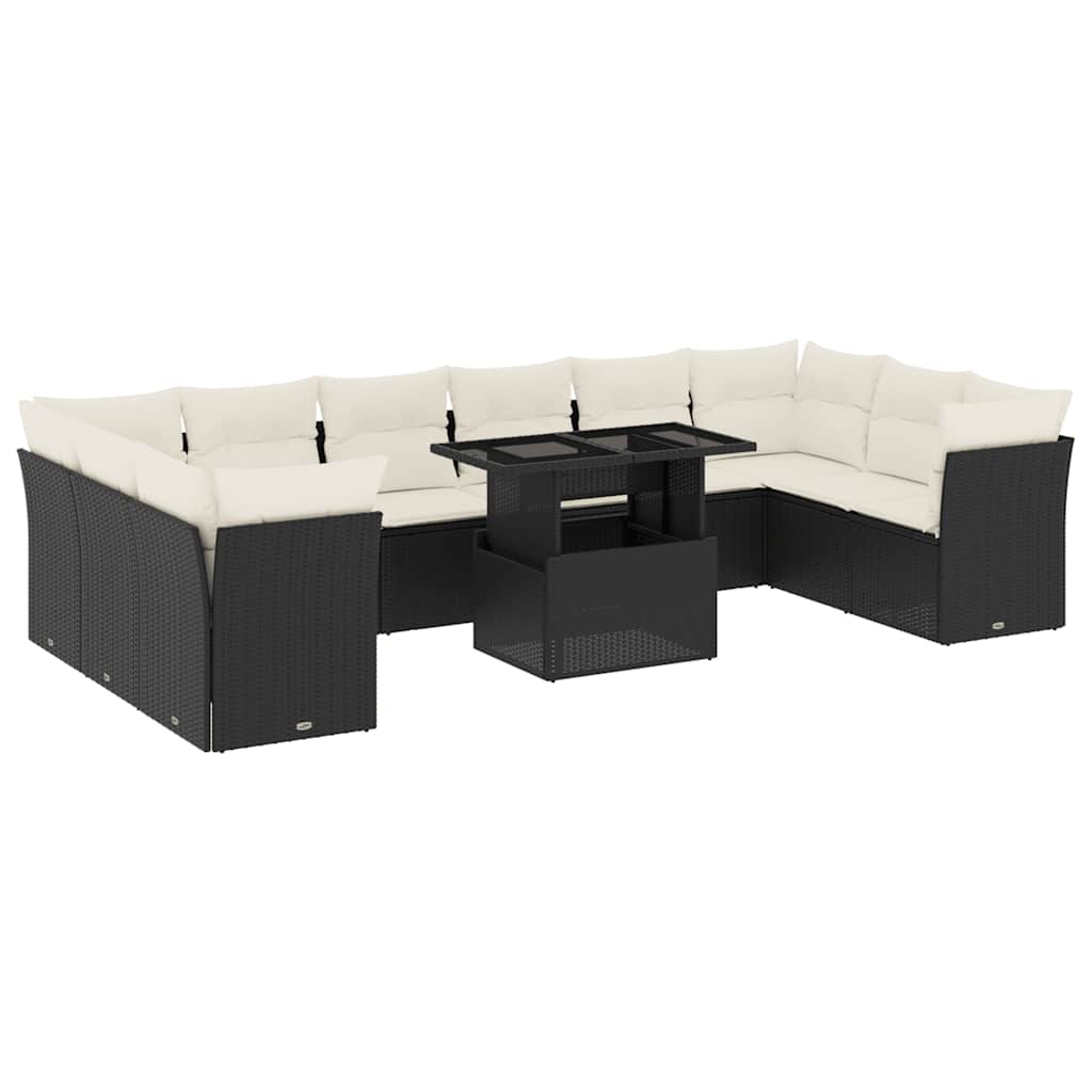 Set Canapele De Grădină Cu Perne, 11 Piese, Negru, Poliratan