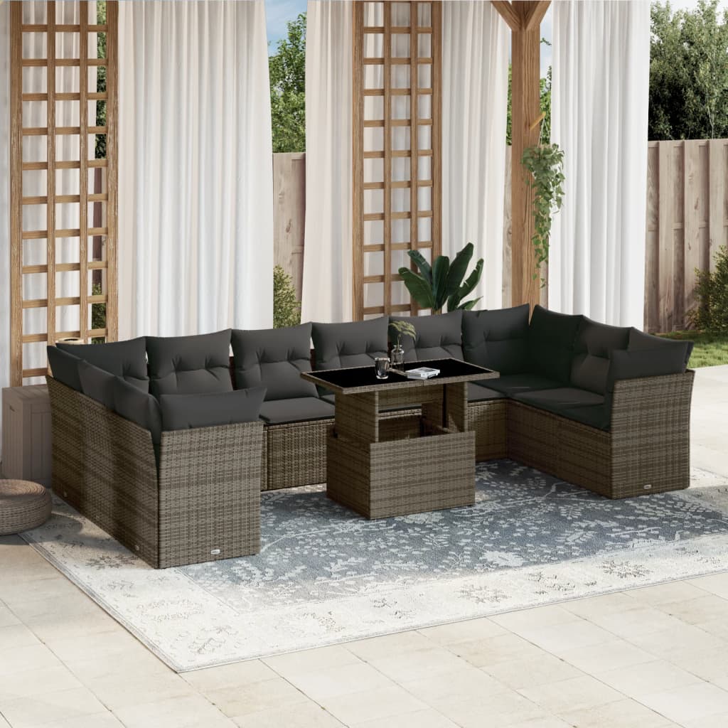 Set Canapele De Grădină Cu Perne, 11 Piese, Negru, Poliratan